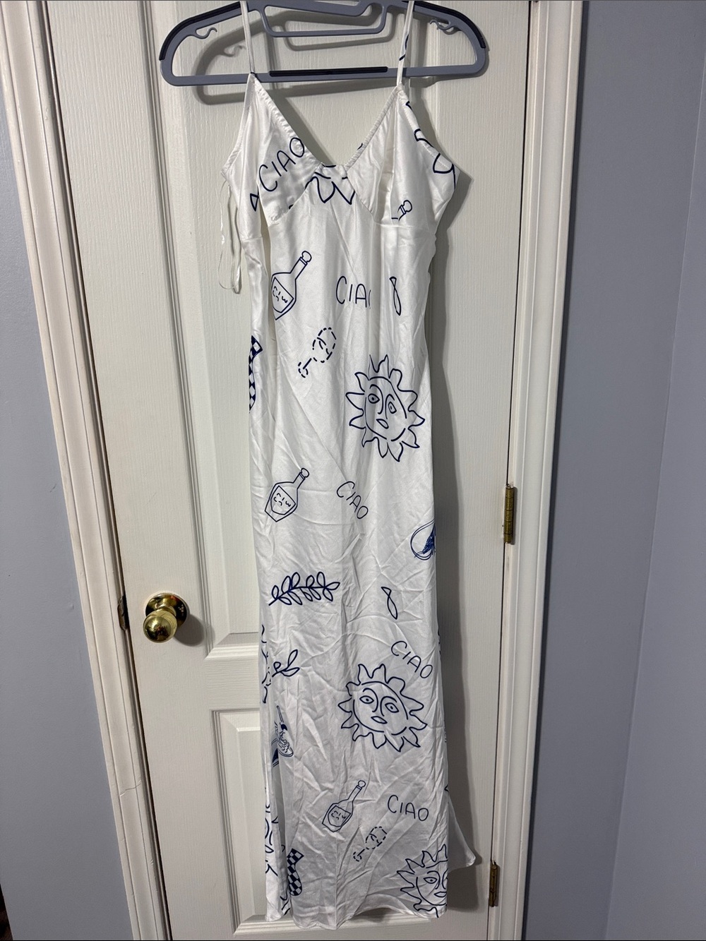 White Slip Dress with Blue Graphic Sun & Bottle Prints